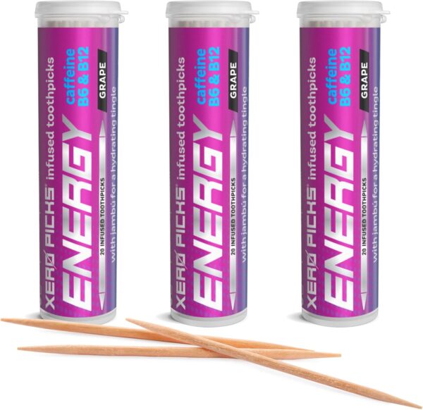 Xero Picks Energy Infused Flavored Toothpicks with Caffeine, B12 and B6-60 Picks (3 Pack) (Grape)