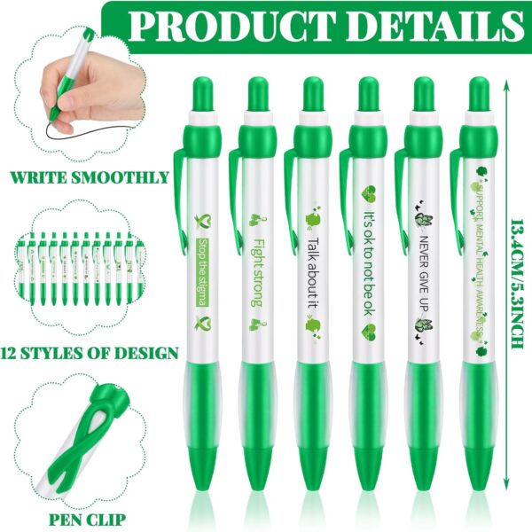 Ctosree Mental Health Awareness Pens Gifts Bulk 12 Style Green Ribbon Retractable Gel Pens Black Ink Mental Health Awareness Accessories Favors Items for Office Charity Stuffers(120 Pcs)