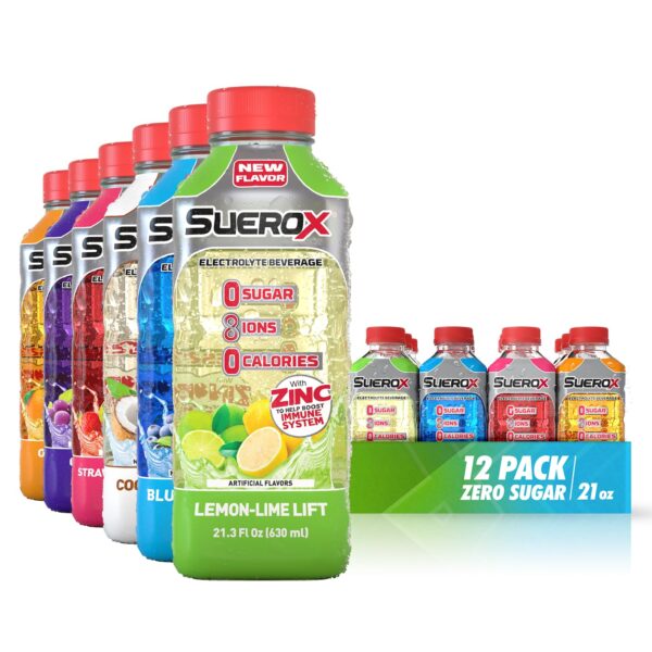 SueroX Zero Sugar Electrolyte Drink for Hydration and Recovery, Unique Blend of Electrolytes & 8 Ions, Zero Calorie Sports Drink, 21.3 Fl Oz, Party Pack, 12 Count