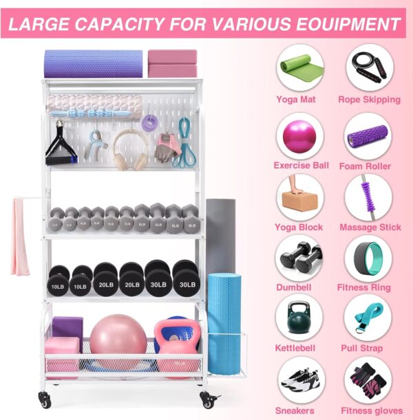 56'' Taller Home Gym Storage Organizer, Yoga Mat Storage Rack with Hanging Board, Exercise Workout Equipment Storage Stand for Home Gym, Dumbbell Holder Kettlebell Rack with Wheels and Hooks
