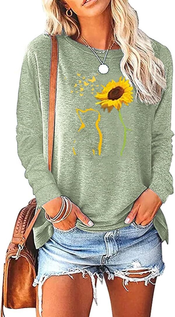 Womens Fall Crewneck Sunflower Graphic Print Tops Long Sleeve Cute Casual Tees