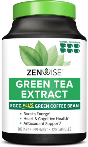 Zenwise Health EGCG Green Tea Extract Capsules - Mental Focus + Immune Health + Antioxidant + Heart Support with Green Coffee Bean for Energy & Metabolism Boost - 120 CT