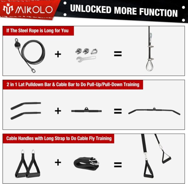 71fUN54SF6L._AC_SL1500_.jpg Mikolo Upgraded Weight Lift Pulley System - LAT Pulley Attachments with Adjustable Length Cable for Full Body Training, Home Gym Set, 2023 Version