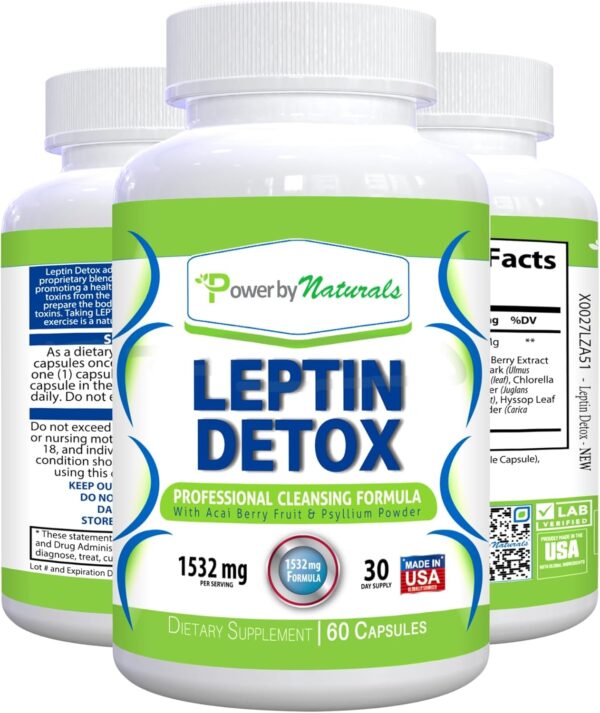 Power By Naturals Leptin Detox Cleanse for Reduce Weight - Natural Gut & Colon Cleanser, 1532mg, Acai Berry Cleanse for Men & Women, 60 Capsules, USA-Made