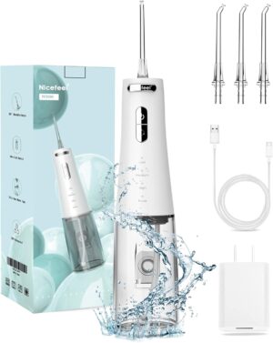Nicefeel Water Flosser, Cordless Portable Dental Cleaner with 300ml Water Tank, 4 Adjustable Modes & 4 Jet Tips, Type-C Rechargeable Waterproof IPX7 Oral Irrigator for Home & Travel, White