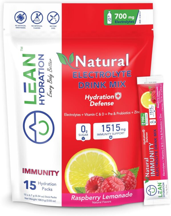 Natural Electrolyte Immune Formula - Boost Immunity and Stay Hydrated with Zero Sugar and No Artificial Flavors or Sweeteners 15 ct Packets (Raspberry Lemonade)