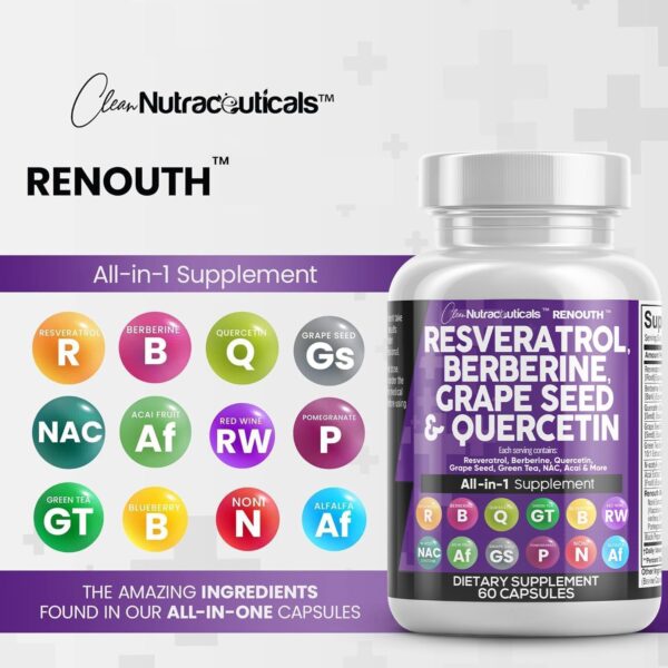 Clean Nutraceuticals Resveratrol Berberine Grape Seed Extract Quercetin Green Tea Extract Polyphenol Supplement for Women & Men w/N-Acetyl Cysteine, Acai Extract - 1Pack