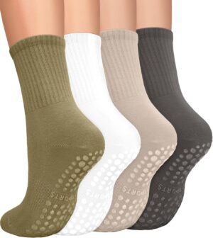 yeuG 4 Pairs Non Slip Pilates Socks with Grips for Women, Grip Socks for Yoga Barre Grippy Crew Socks Woman Sticky Socks