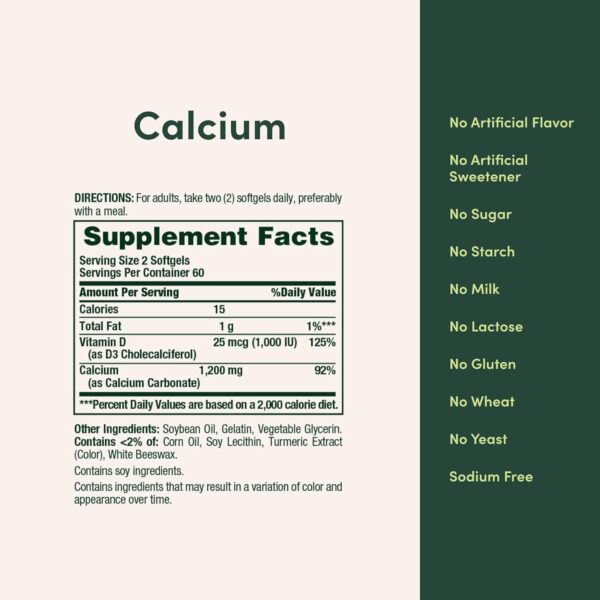Nature's Bounty Calcium Carbonate & Vitamin D, Supports Immune Health & Bone Health, 1200mg Calcium & 1000IU Vitamin D3, 120 Softgels