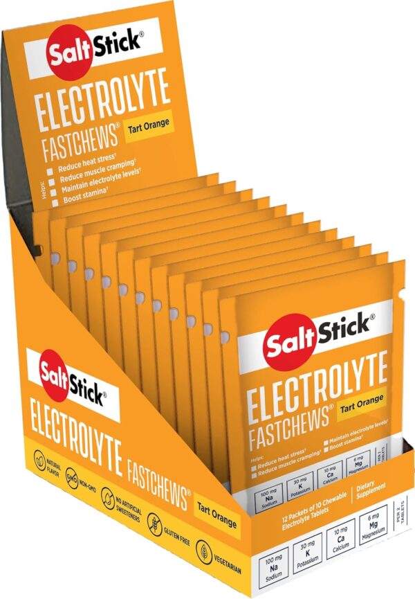 SaltStick Electrolyte FastChews Chewable Tablets | 120 Count - Orange | Salt Tablets for Runners, Sports Nutrition, Hydration Tablets, Electrolyte Chews | 12 Packets of 10 Tablets Each