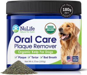 Dog Teeth Cleaning Powder, Dog Plaque and Tartar Remover, Bad Breath Treatment for Dogs with USDA Organic Sea Kelp Powder, Dog Dental Care Made Easy, for All Ages, 6oz