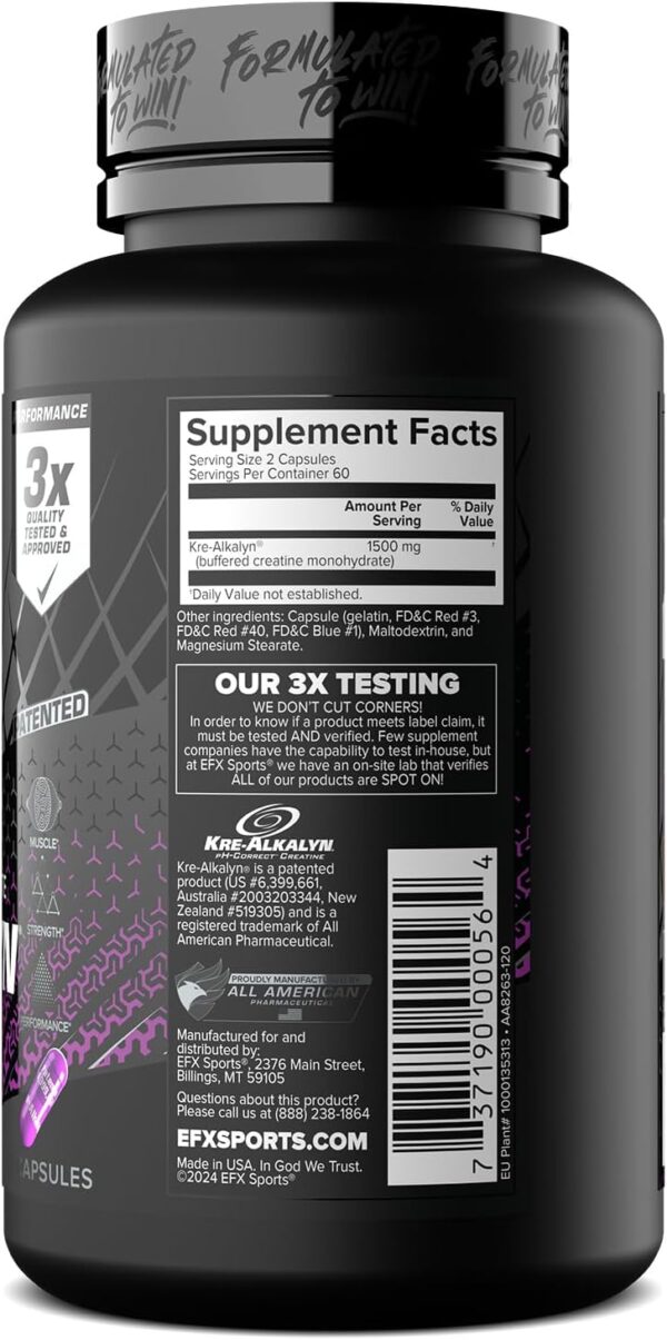 EFX Sports Kre-Alkalyn EFX | pH Correct Creatine Monohydrate Pill Supplement | Strength, Muscle Growth & Performance | 60 Servings, 120 Capsules
