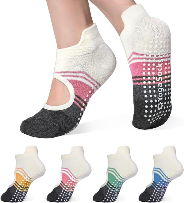 4 Pairs Grip Yoga Pilates Socks for Women ，Non-slip Yoga Athletic Socks with Grip Socks for Yoga Ballet Barefoot Workout Anti Skid