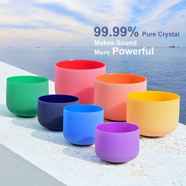 Set Of 7 PCS 440HZ 6-12 Inch Colored Frosted Chakra Quartz Crystal Singing Bowls Sound Healing Instrument with 2 PCS Travel Carry Case Bag for Meditation