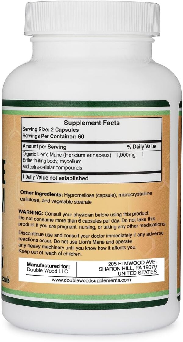 Lions Mane Supplement Mushroom Capsules (Two Month Supply - 120 Count) Lions Mane Mushroom for Brain Support and Immune Health (Third Party Tested, Grown and Encapsulated in The USA) by Double Wood