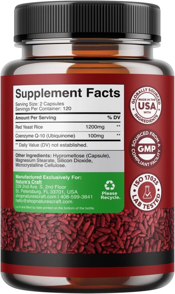 Red Yeast Rice with CoQ10 Supplement - Extra Strength Red Yeast Rice 1200 mg. Capsules with CoQ10 100mg Per Serving - Heart Health Supplement 3rd Party Tested Vegan Non-GMO & Citrinin-Free (4 Months)