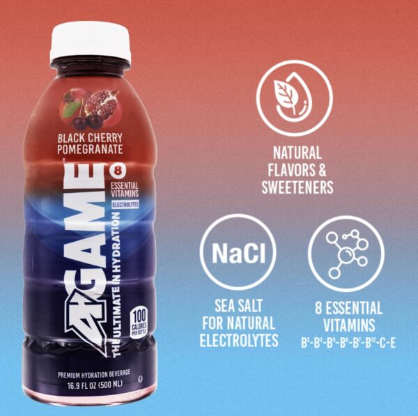 A-GAME Sports Drink, Black Cherry Pomegranate, The Ultimate Hydration Sports Beverage for Athletes, 8 Essential Vitamins including B, C, & E plus Natural Sea Salt Electrolytes, All Natural Flavors & Sweeteners, Gluten Free, 16.9 Fl Oz (Pack of 12)