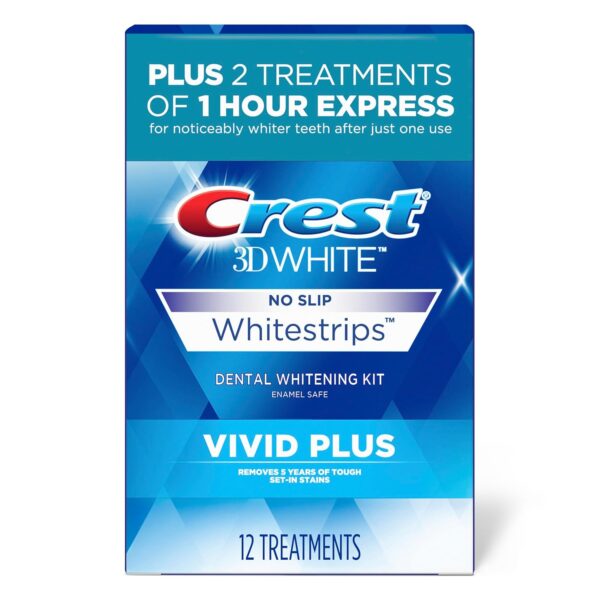 Crest 3DWhitestrips Vivid Plus Whitestrips 3D White, 10 Treatments + 1 Hour Express 2 Treatments Teeth Whitening Kit, 8 Levels Whiter, Crest Teeth Whitening Strips