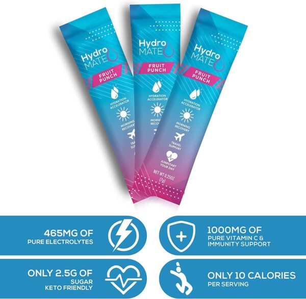 HydroMATE Electrolytes Powder Low Sugar - 30 Count Fruit Punch Instant Hydration Packets with Vitamin C to Boost Energy - Low Sugar Electrolytes Powder Packets to Support Hydration Fast Party Recovery