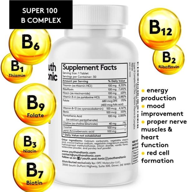 Youth & Tonic Super B Complex for Clear Mind & Healthy Energy Metabolism | Mental Focus Stress Tiredness B 100 | Support for Nervous System Vitamin B Complex