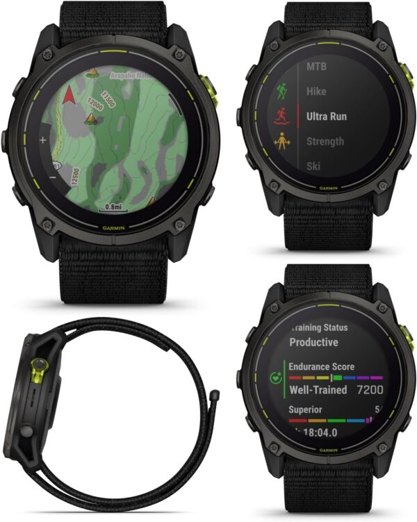 Wearable4U Garmin Enduro 3 – 51 mm, Solar, Sapphire, Ultraperformance GPS Smartwatch, Carbon Gray DLC Titanium with Black UltraFit Nylon Strap White Earbuds Bundle