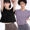 Loovoo Women's Open Back Workout Crop Tops Short Sleeve Yoga Shirts Cute Athletic Running Casual Backless Top Loose Fit