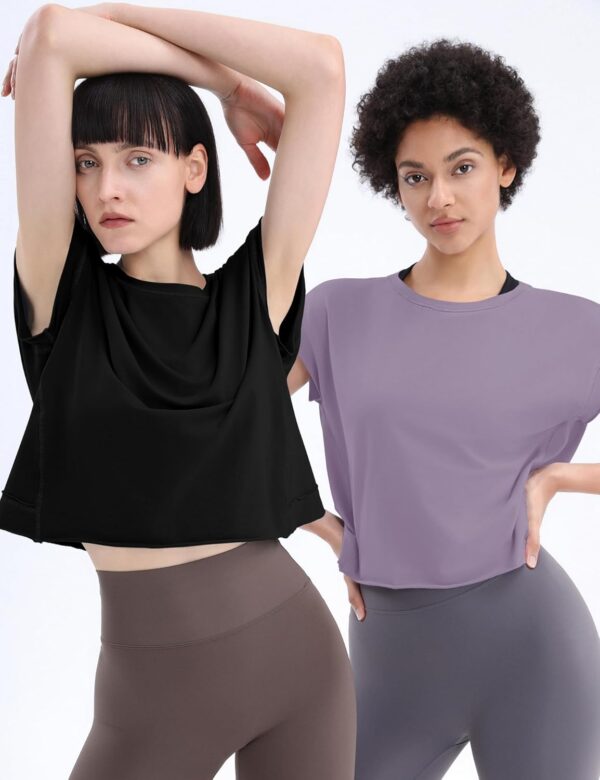 Loovoo Women's Open Back Workout Crop Tops Short Sleeve Yoga Shirts Cute Athletic Running Casual Backless Top Loose Fit