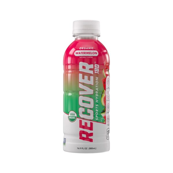 RECOVER 180 Organic Sports Hydration Drink, No Sugar Added, 15 Calorie Sports Beverage, Organic Flavors With Vitamins, Potassium-Packed Electrolytes (16.9 Fl Oz (Pack of 12), Watermelon)