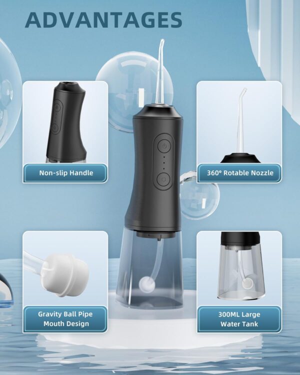Water Flosser, Water Dental Flosser Pick for Teeth, 300ML IPX7 Waterproof Oral Irrigator, 3 Modes 4 Replaceable Jet Tips, Professional Flossing Cleaning Picks for Home Travel Gums, Braces Care (Black)