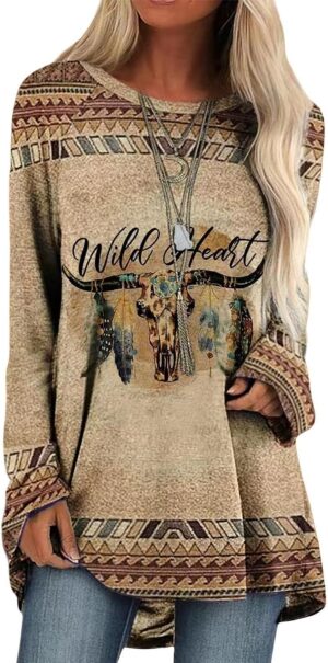 Bengbobar Western Sweatshirts for Women Native American Aztec Print Pullover Long Sleeve Crewneck Crewneck Sweatshirt