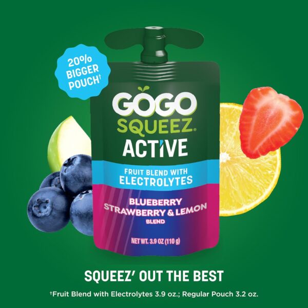 GoGo squeeZ Active Fruit Blend with Electrolytes | 18-Count Variety Pack | Blueberry Strawberry Lemon & Strawberry Pineapple Orange | Made with Real Fruit and Antioxidants Vitamin A, Vitamin E, & Vitamin C​