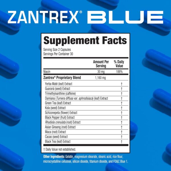 Zantrex Blue - Increase Energy, Boost Metabolism, Curb Cravings - 300MG Natural Caffeine - Yerba Mate, Damiana, and Guarana, 60 Count