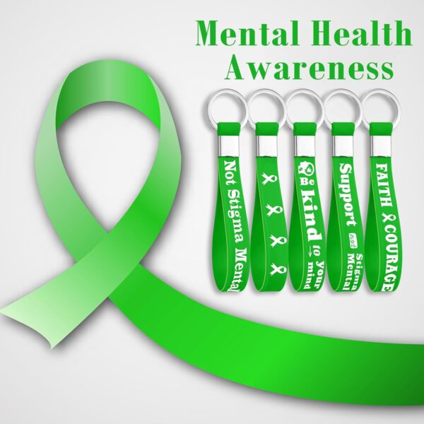 100 Pcs Mental Health Awareness Silicone Keychain Gifts Green Awareness Ribbon Green Mental Faith Courage Hope Keychain for Adult Man Woman Gift