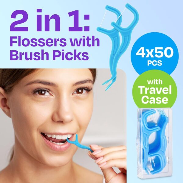 Trueocity Dental Flossers Brush Picks 4 Pack w/Travel Case (200 Total Count), Dental Floss Glides Easy, Flosser Helps Prevent Tooth Decay & Gum Disease, Easy Grip, Flossers for Adults, Mint Flavored