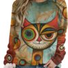 ZOCAVIA Women's Y2K Art Cat Sweatshirts Fall Abstract Cat Graphic Pullover Tops Long Sleeve Oil Painting Cat Printed T Shirts