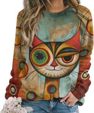 ZOCAVIA Women's Y2K Art Cat Sweatshirts Fall Abstract Cat Graphic Pullover Tops Long Sleeve Oil Painting Cat Printed T Shirts