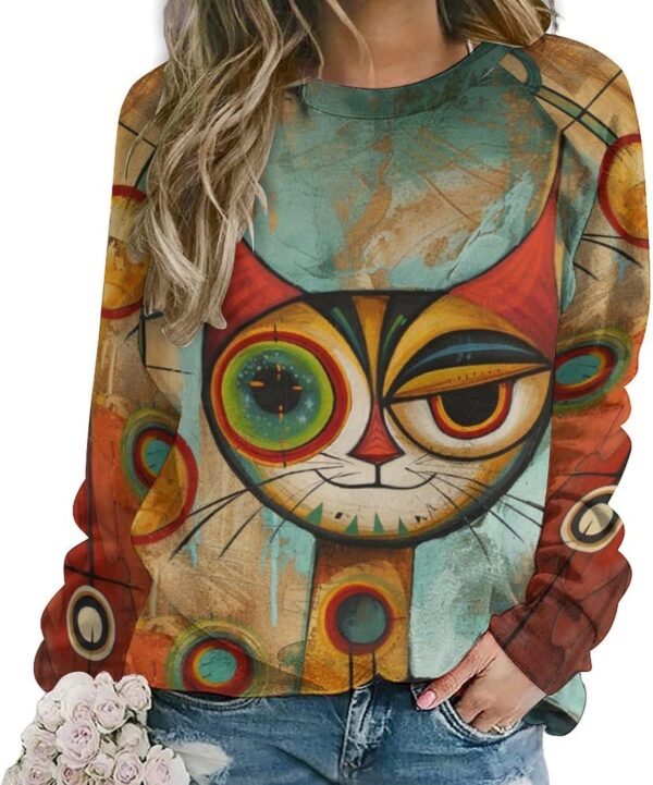 ZOCAVIA Women's Y2K Art Cat Sweatshirts Fall Abstract Cat Graphic Pullover Tops Long Sleeve Oil Painting Cat Printed T Shirts