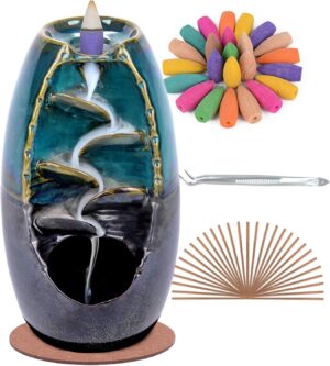 SPACEKEEPER Ceramic Backflow Incense Holder and Burner Waterfall, with 120 Backflow Incense Cones + 30 Incense Stick, Aromatherapy Ornament Home Decor, Blue Set