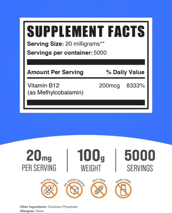 BulkSupplements.com Vitamin B12 Methylcobalamin Powder - 1% B12 Methylcobalamin, Essential B Vitamin - B12 Supplement, Gluten Free, 20mg per Serving, 100g (3.5 oz) (Pack of 1)