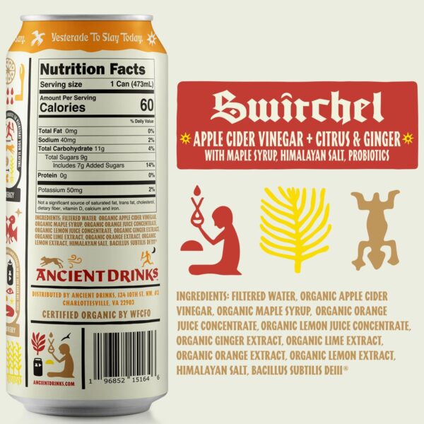 ANCIENT DRINKS Apple Cider Vinegar Beverage with Electrolytes, Vitamins, & Probiotics, Organic, Super-Hydrating Sports Drink - Switchel (Citrus & Ginger) - 16 fl oz (12 cans)