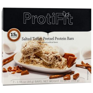 PROTIFIT - Low Calorie Snack Bar for Healthy Diets, High Protein, 15g Protein, Low Carb, Low Sugar, Ideal Protein Compatible, 7 Servings Per Box (Salted Toffee Pretzel)