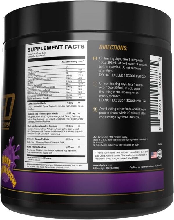 EHP Labs OxyShred Hardcore Super Dosed Pre Workout Powder - Preworkout Powder with L Glutamine & Acetyl L Carnitine, Energy Boost Drink - 275mg of Caffeine - Grape Bubblegum, 40 Servings