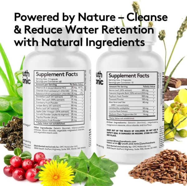 Youth & Tonic Jumpstart Cleanse – Water Weight Away Pills & 15 Day Colon Detox & Gut Cleanser for Bloating, Energy, and Metabolism Support – Aids in Shedding Excess Fluids for a Lighter Body – 90 Caps