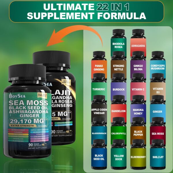 Boysea.Shilajit and Sea Moss Bundle- 90 Count - Sea Moss 7000mg, Black Seed Oil 4000mg, Ashwagandha 2000mg, Ginger & Shilajit 9000mg, Rhodiola Rosea 1000mg, All in 1 Supplements (1 Pack)