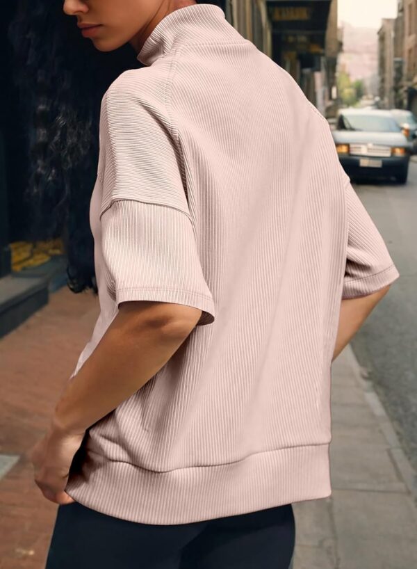 Dokotoo Womens Summer Short Sleeve Tops Zipper V Neck Lightweight Ribbed Knit Oversized Sweatshirt Casual Blouses Shirts