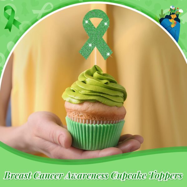 Yeaqee 48 Pcs Green Mental Health Awareness Cupcake Toppers Green Glitter Ribbon Cupcake Picks Mental Health Awareness Items for Society Events Mental Health Party Supplies