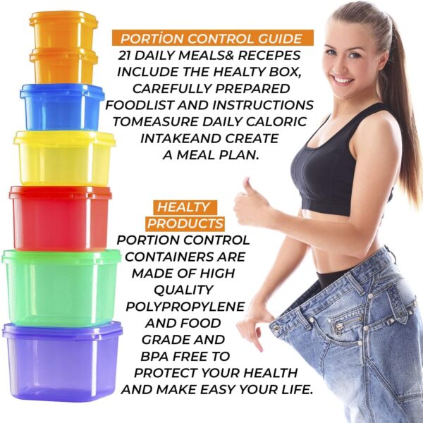 Portion Control Container and Food Plan - 21 Day Portion Control Container Kit for Weight Loss - 21 Day Tally Chart with e-Book (7 Labeled Pcs)
