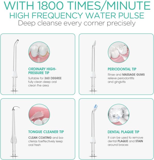 Water Dental Flosser for Teeth Cordless, Portable Oral Irrigator with 3 Modes 4 Tips, IPX7 Waterproof Rechargeable Electric Flosser for Teeth Deep Cleaning for Travel Home WF300 (Blue)