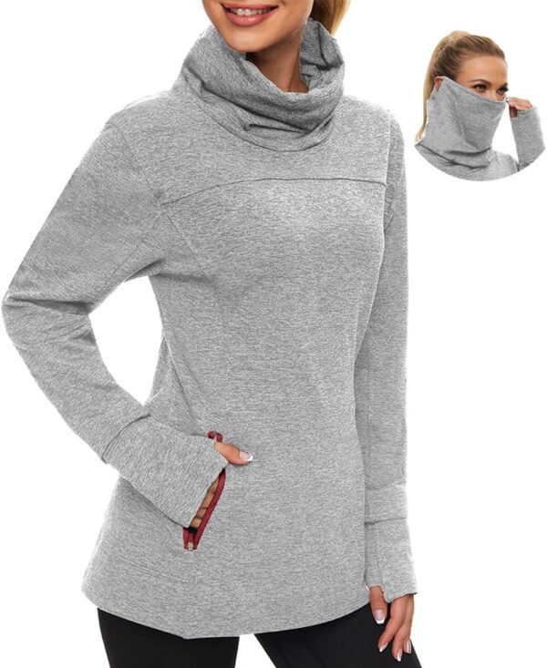 71iLppSkI0L._AC_SL1193_.jpg Soneven Women's Running Fleece Sweatshirts Cowl Neck Thermal Pullover Long Sleeve Shirt with Pocket and Neck Gaiter Face Mask