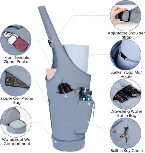 sportsnew Yoga Mat Bag, Large Opening Long Tote Yoga Mat Carrier Holder Bag with Waterproof Wet Pocket and Drawstring Water Bottle Pocket, Adjustable Shoulder Strap Storage Bag, patent pending